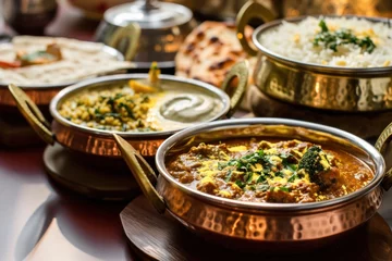 Foto op Plexiglas several dishes of indian cuisine in copper bowls on wooden © olegganko