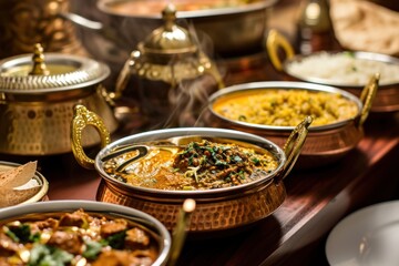 several dishes of indian cuisine in copper bowls on wooden