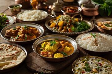 multiple dishes of indian cuisine on wood - obrazy, fototapety, plakaty