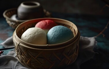 three chinese bao buns are standing in an upside down basket