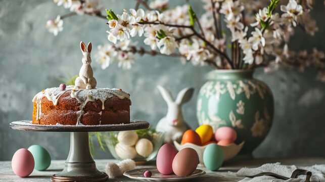 Stand with Easter cake, painted eggs and bunny