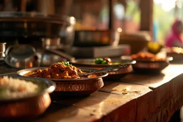 Fotobehang serving indian cuisine menu with spoons on wooden table top © olegganko