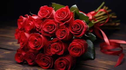  a bouquet of red roses sitting on top of a wooden table next to a red ribbon and a red bow.