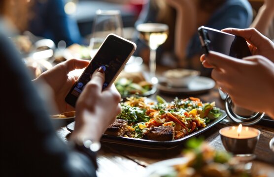 people taking a photo on their smart phone of a plate of food