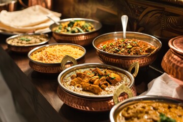 several dishes of indian cuisine in copper bowls on wooden