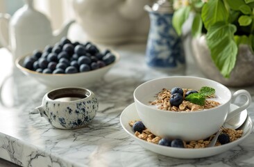 granola, blueberries, milk and tea
