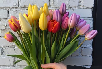 male hand holding a bouquet of tulips in front of white brick wall