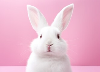 Obraz premium adorable tan and white rabbit on pink background bunny