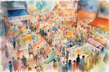 Watercolor painting of a crowded sale event. Colorful background showcasing various advertisements. Generative AI