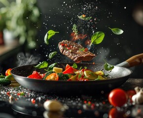 frying pan with steak and veggies flying - obrazy, fototapety, plakaty