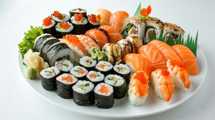Assorted sushi rolls and sashimi on a platter