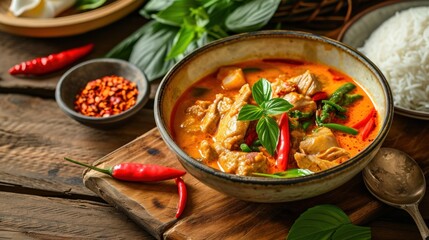 Thailand tradition red curry with beef,pork or chicken menu in thai - obrazy, fototapety, plakaty