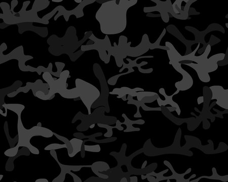 Camouflage Abstract Repeat. Black Camo Print.  Seamless Print. Camo Woodland Paint. Fabric Black Texture. Digital Dark Camouflage. Seamless Vector Camoflage. Army Dirty Canvas. Gray Vector Pattern.