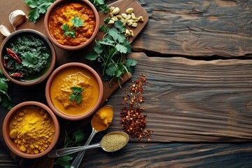 serving indian cuisine menu with spoons on wooden table top