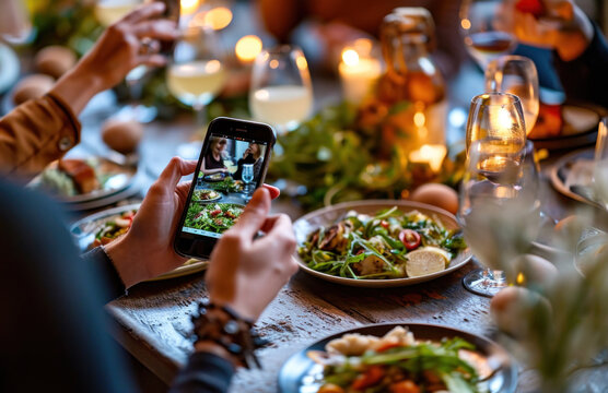 people taking a photo on their smart phone of a plate of food