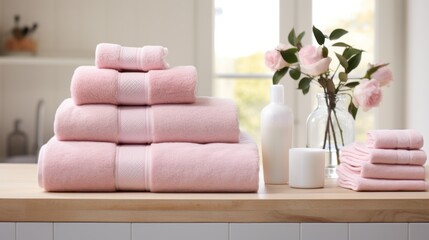  a stack of pink towels sitting on top of a wooden table next to a vase of flowers and a bottle of water.