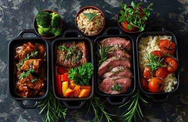 five different meal boxes with different types of meat