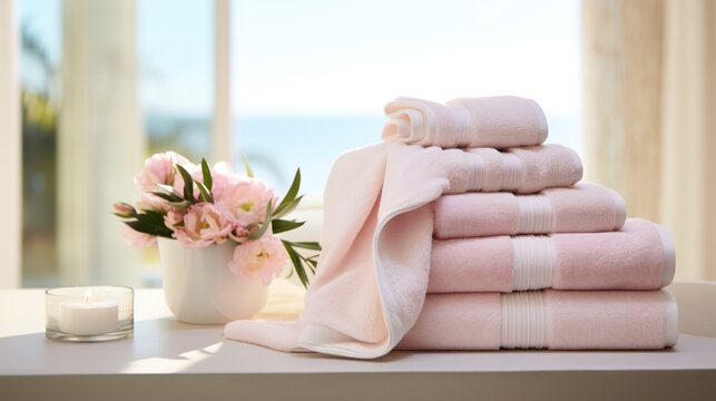  a stack of pink towels sitting on top of a table next to a vase with pink flowers and a candle.