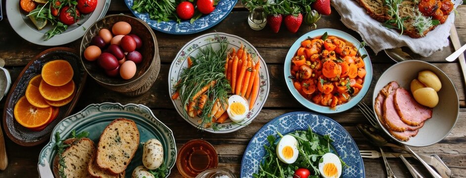 many plates of easter eggs, carrots, ham