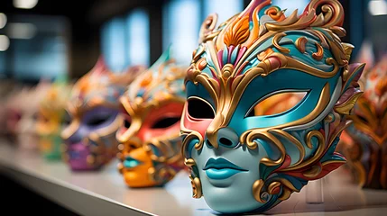 Foto op Plexiglas Realistic Masks Capturing The Essence Of Colombian Festivities, Closeup photo of colorful Venice carnival masks with feathers for venetian festival costume party in romantic Italy, Mayan wooden handcr © Microtech