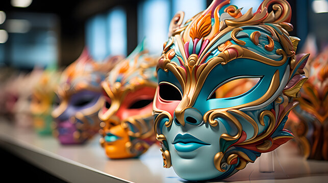 Realistic Masks Capturing The Essence Of Colombian Festivities, Closeup photo of colorful Venice carnival masks with feathers for venetian festival costume party in romantic Italy, Mayan wooden handcr