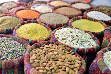 market spice, dried almonds nuts fruit in bags
