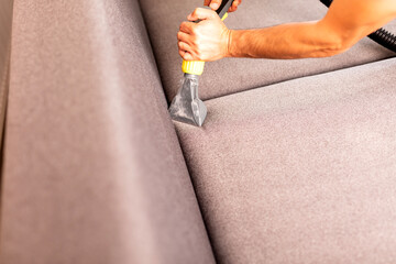 Sofa or armchair chemical cleaning with professionally extraction method. - obrazy, fototapety, plakaty
