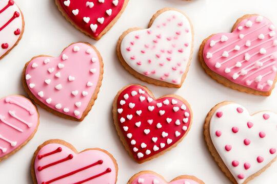 Top view of heart shaped Valentine's day cookies with pink, red and white decoration