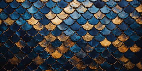Elegant dark blue and golden fish scale mosaic background wall