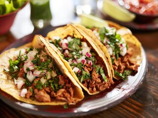 three tacos are served on a white table