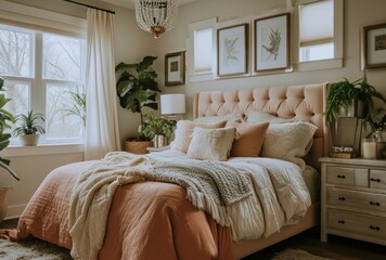 a bedroom in a neutral color scheme with a pink bed