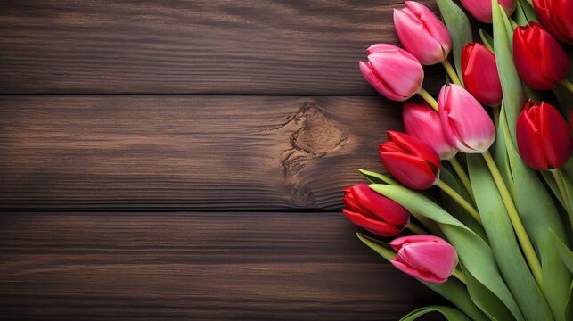 a group of pink and red tulips on a wood surface