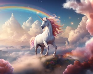a unicorn standing on a hill with clouds and rainbow