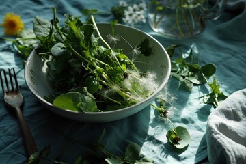 a dish made with dandelion salad on a blue tablecloth
