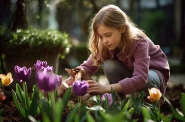young woman weeding spring tulips in her garden