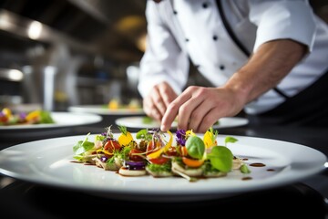 a chef decorating food on a plate