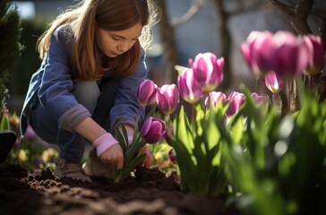 young woman weeding spring tulips in her garden - obrazy, fototapety, plakaty