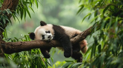 A baby panda napping on a tree branch - obrazy, fototapety, plakaty