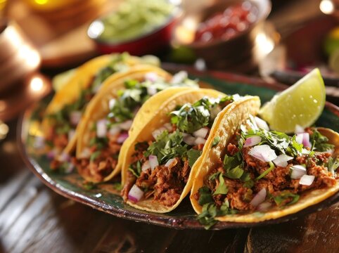 a large plate of tacos sits on a wooden table