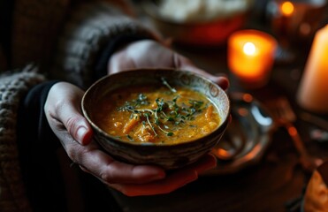 a person holding bowl of soup on a dark table - Powered by Adobe