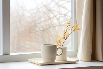 a coffee cup and note on the window sill,