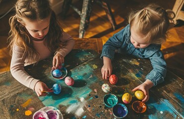 two children are painting easter with little easter bunny theme
