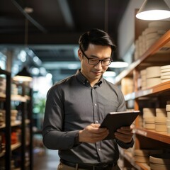 Fototapeta premium Asian man using a tablet in a bookstore possibly for inventory management or shopping