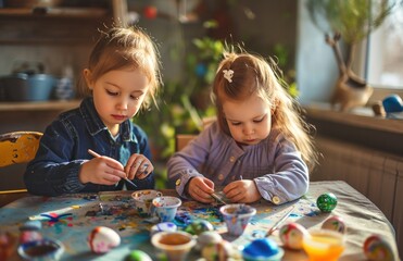 two children are painting easter with little easter bunny theme