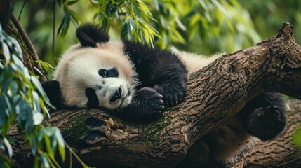 A baby panda napping on a tree branch