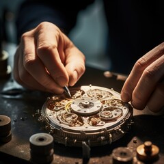 Close-up of watchmaker repairing intricate mechanical watch - obrazy, fototapety, plakaty