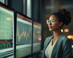 Professional woman analyzing financial data on computer screens in office setting