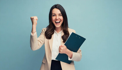 young happy business woman holding file celebrating with fist gesture . ai generated