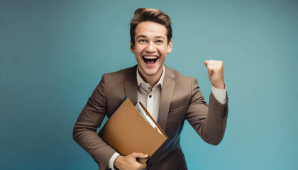 young, happy business man holding file smiling with fist gesture . ai generated - obrazy, fototapety, plakaty