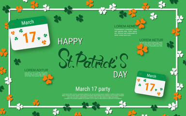St.Patrick's Day vector illustration. Green background with colorful clover leaves and frame